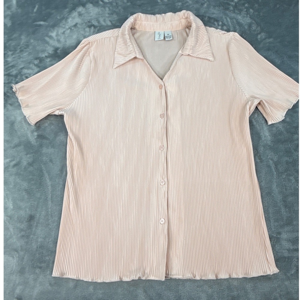 Joie Blush Pink Plisse Pleated Short Sleeve Button Down Blouse Top Shirt Size M